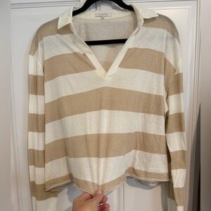 Z Supply Beige and Cream Striped V-Neck Long Sleeve Top